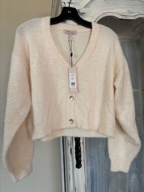 BCBGeneration Cream Cropped V-Neck Button Cardigan